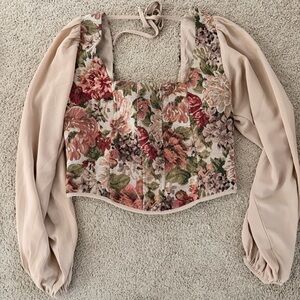Floral Tapestry Women's Blouse with Beige Sleeves